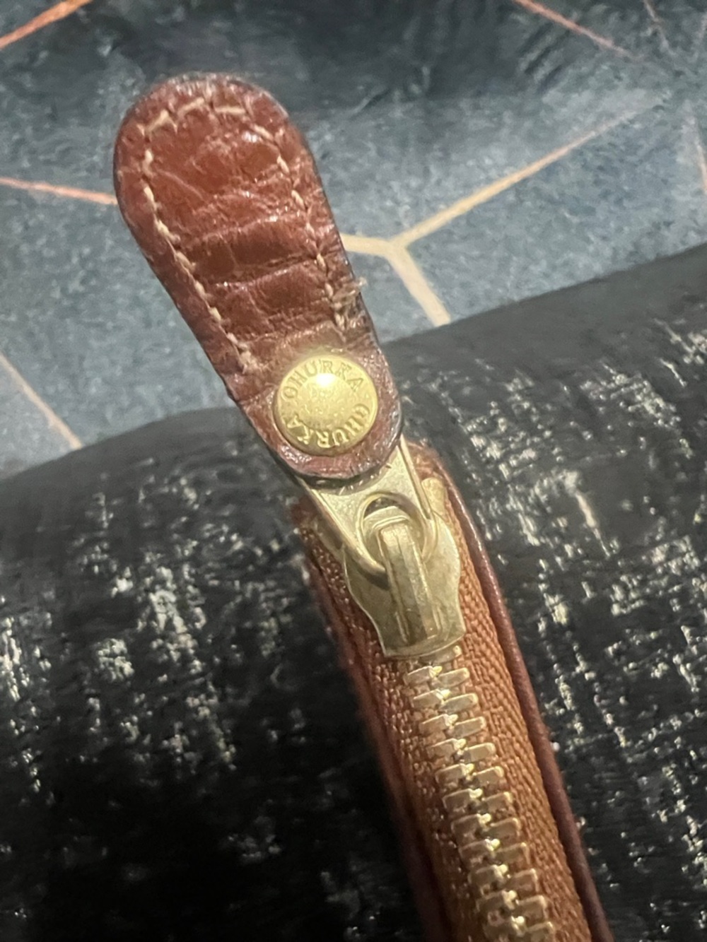 Ghurka Chestnut Pebbled Leather Pouch with Gold Zipper - Picture 7 of 9